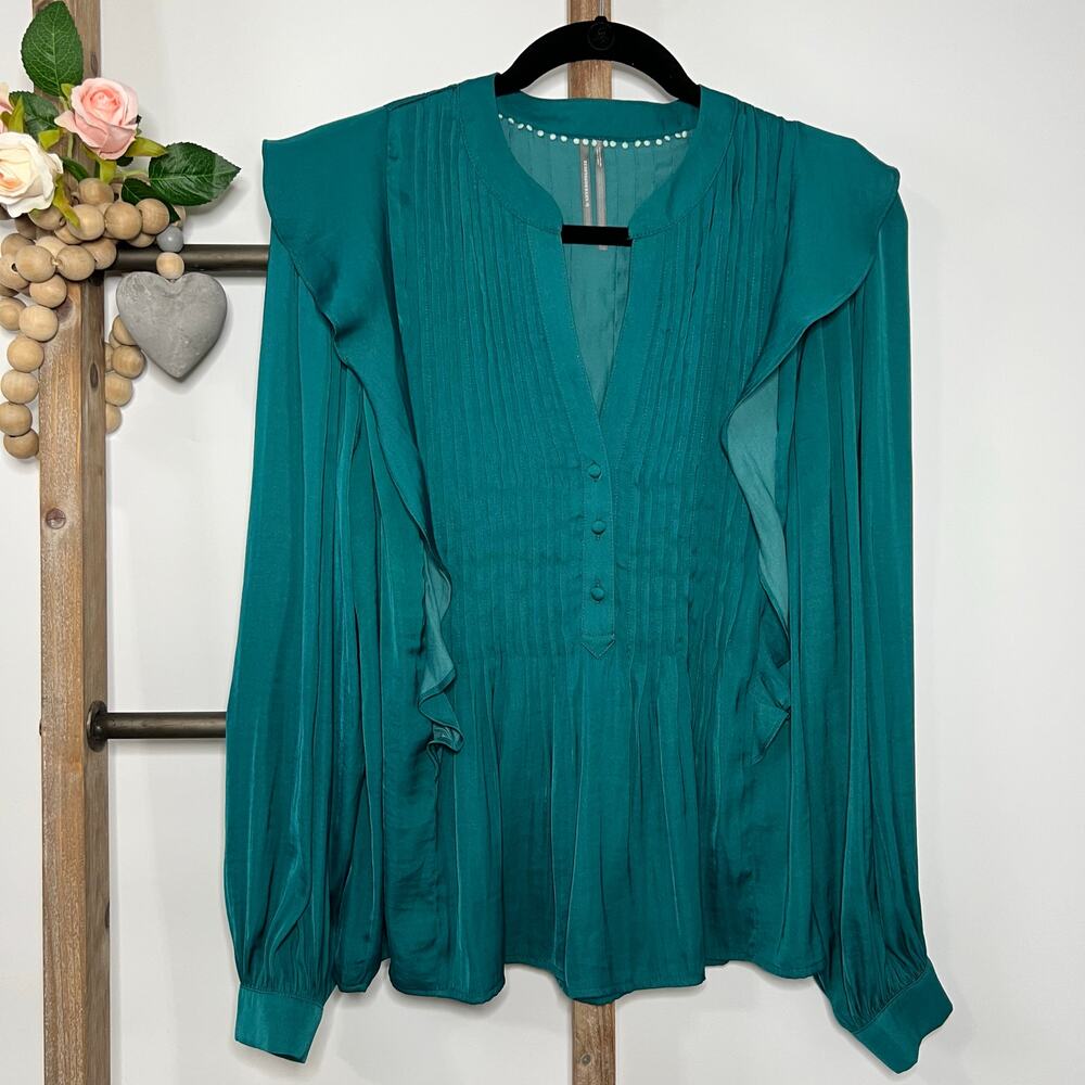 Anthropologie Long Sleeve Teal Pintuck Blouse Size Medium - Picture 2 of 7